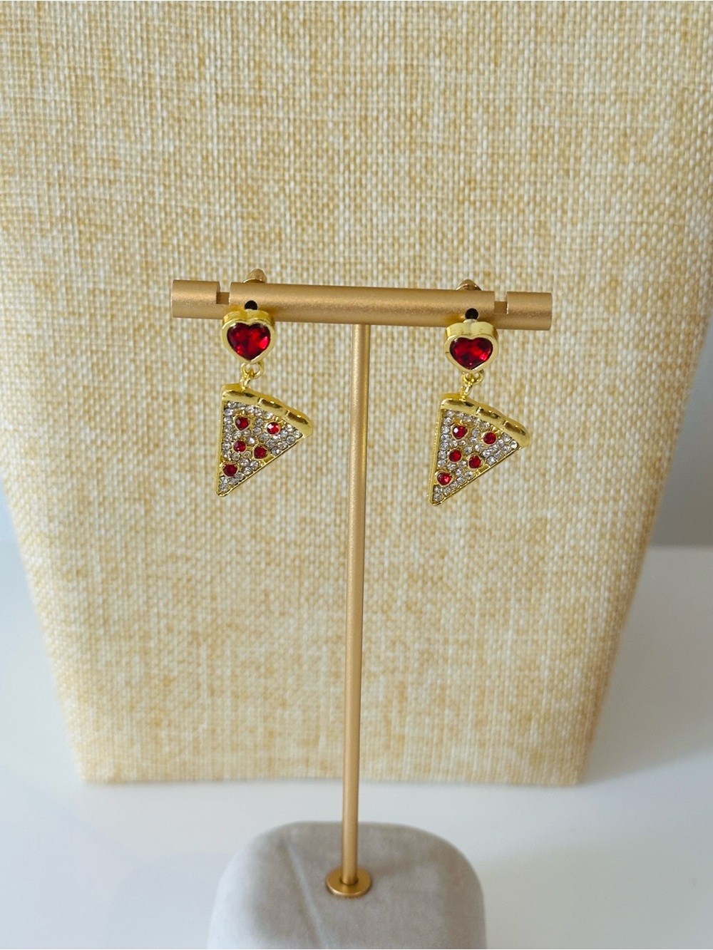 Fashion Jewelry Gold-Tone Earrings with Red Heart Studs and Pizza Slice Drops
